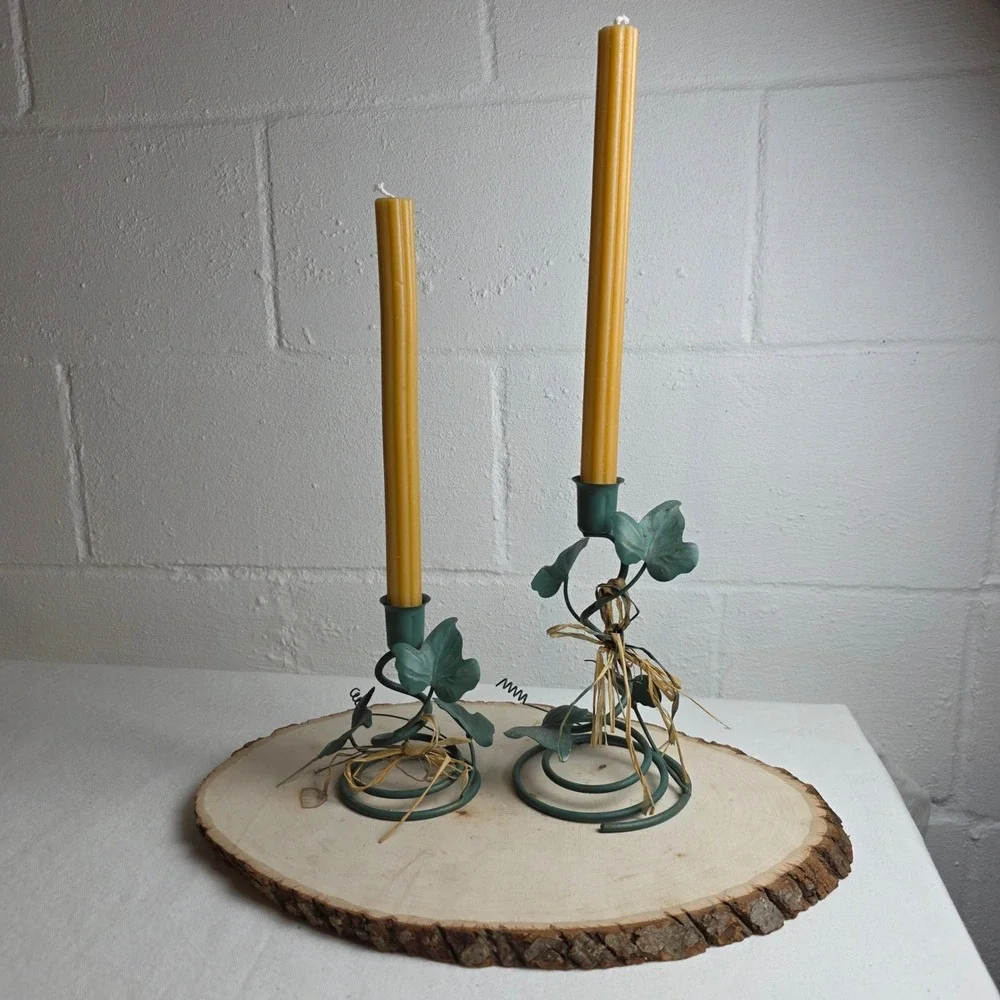 Vintage Home Interiors Rustic Green Metal Ivy Leaf Spiral Base Tolware Set